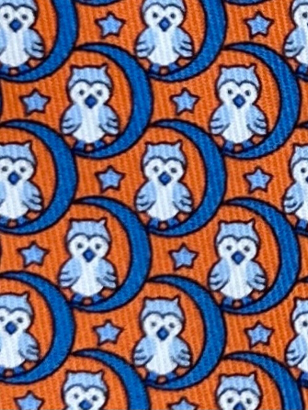 100% REAL HERMES TIE ~ ORANGE w/ FUN BLUE & WHITE WISE OWLS & BLUE MOONS XL